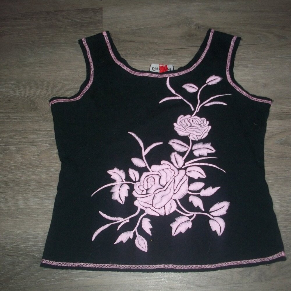 womens black tank.flowers."Cute Girl". size small